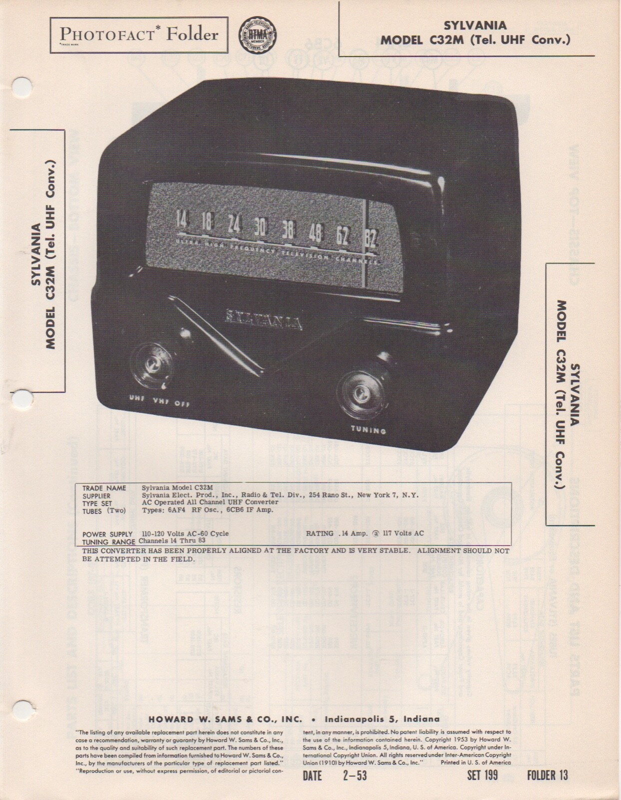 1953 SYLVANIA C32M UHF CONVERTER SERVICE MANUAL REPAIR PHOTOFACT SCHEMATIC FIX