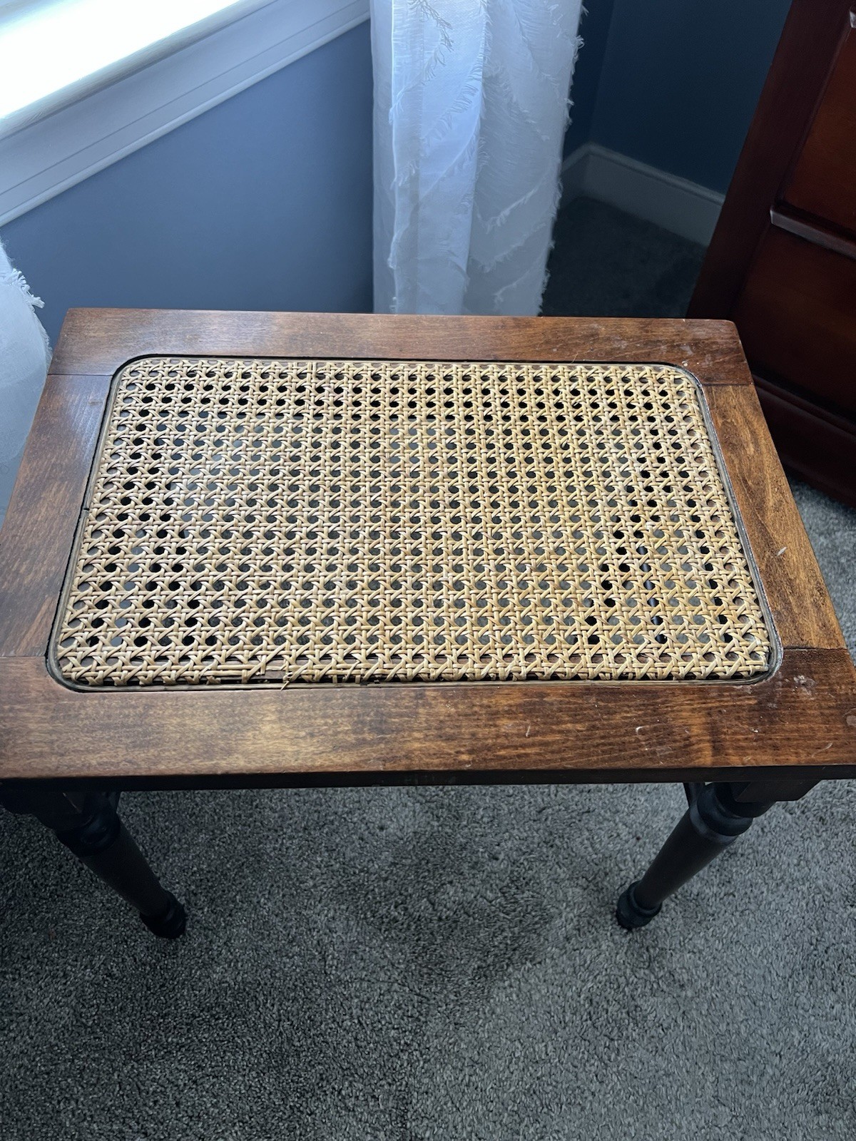 VTG Solid Walnut Vanity Bench Piano Stool Cane Bottom Turned Legs