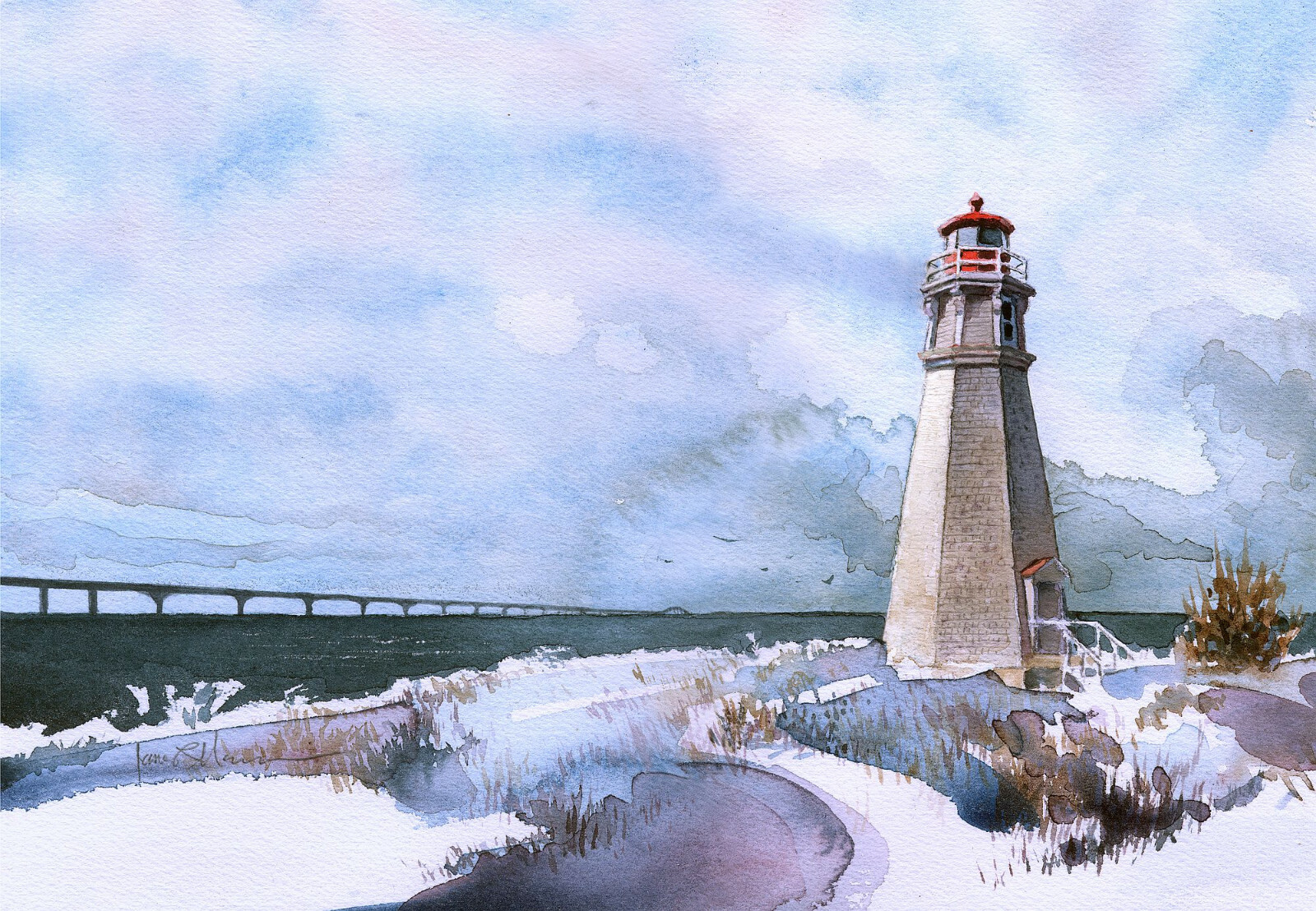 Cape Jourimain Lighthouse, New Brunswick Canada. James Mann Watercolor Notecards