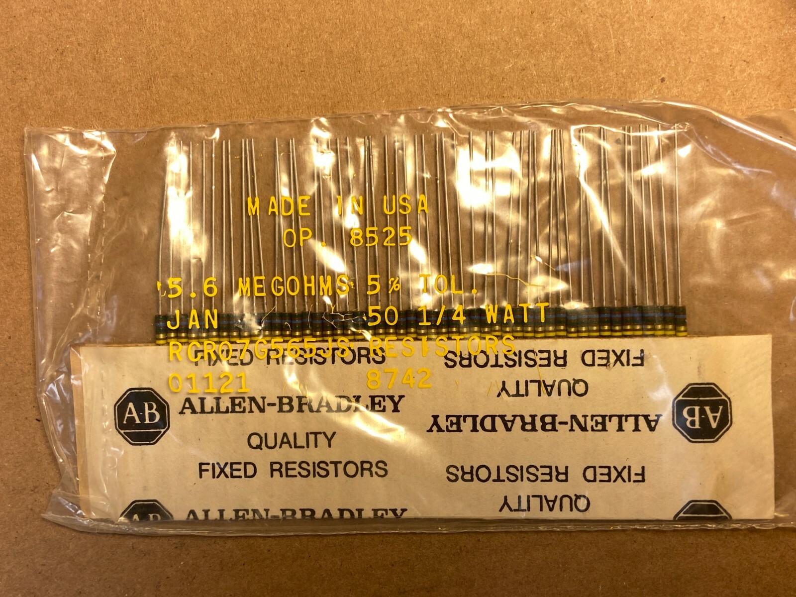 50 NOS Allen Bradley 5.6 meg ohm 1/4 watt 1/4W Carbon Comp Resistors (Qty)