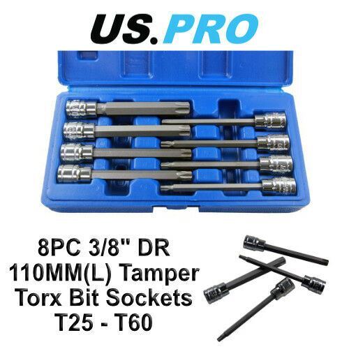 US PRO 8pc 3/8''dr Star Bit Socket Set, Long Torx Tamper, Security set T25 - T60