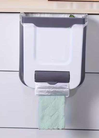 Expandable hanging kitchen waste bin w bag storage White