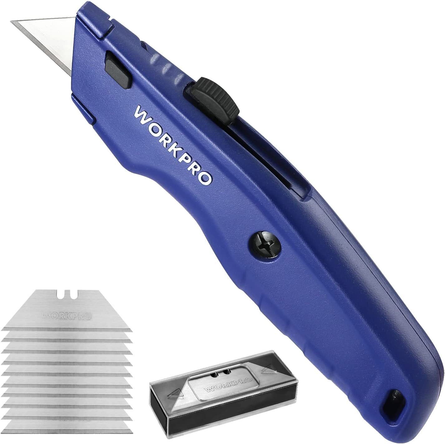 WORKPRO Premium Utility Knife w/10 Extra Blade Quick Change Blade Black/Blue/Red