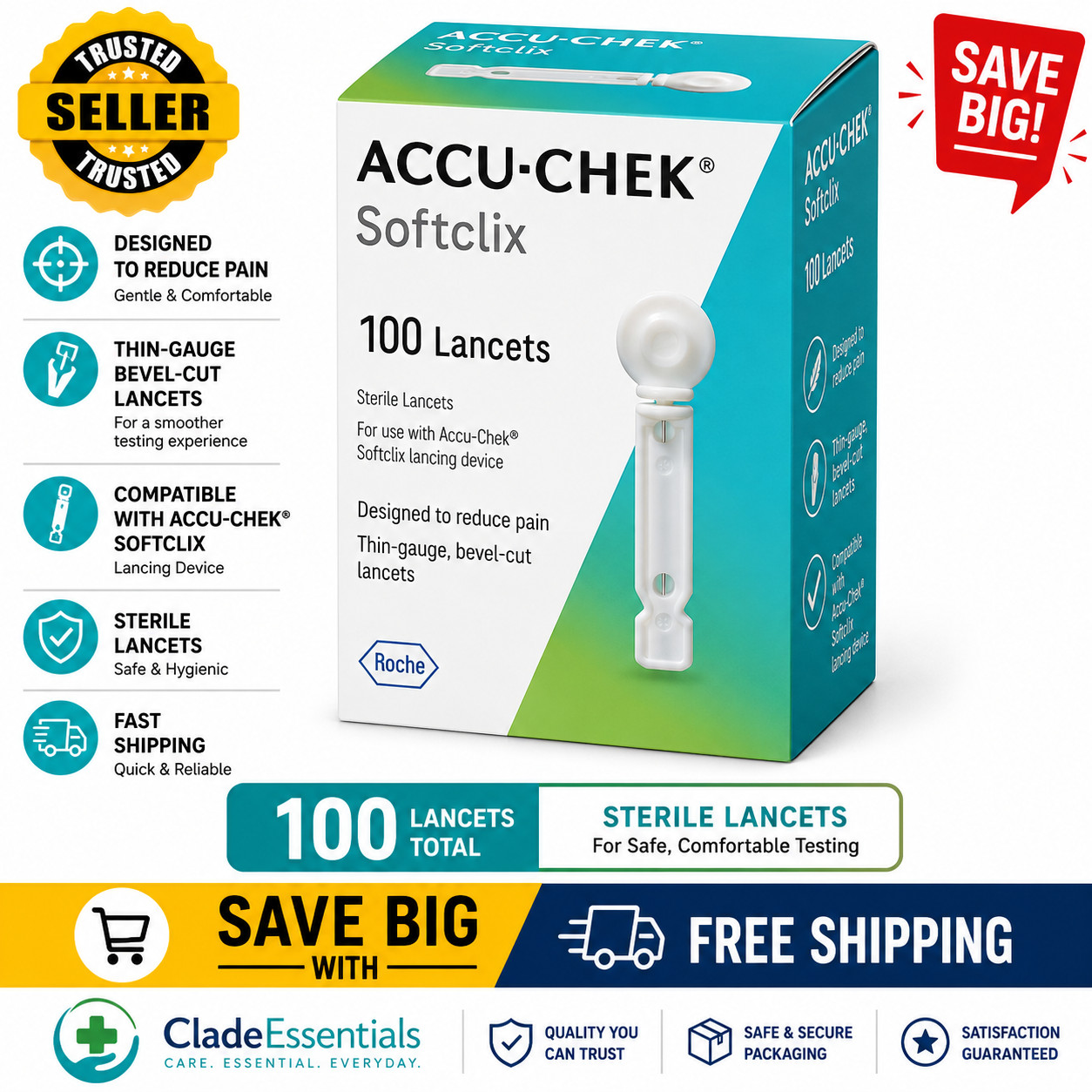 Accu-Chek SoftClix 100 Lancets. USA SELLER. FREE SHIP