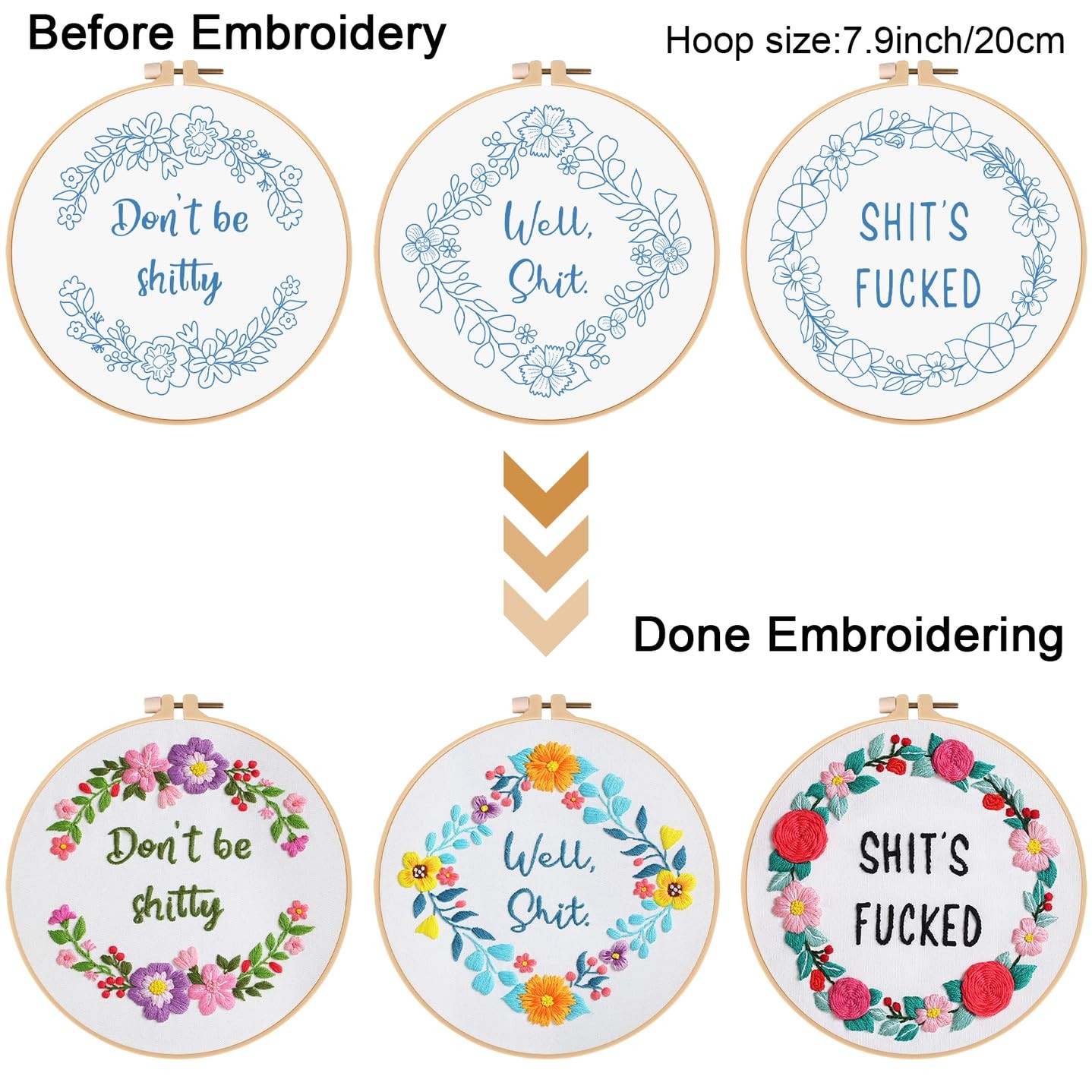 Louise Maelys 3 Sets Funny Embroidery Kits for 22 cm x 23 x 4 cm, kit-12