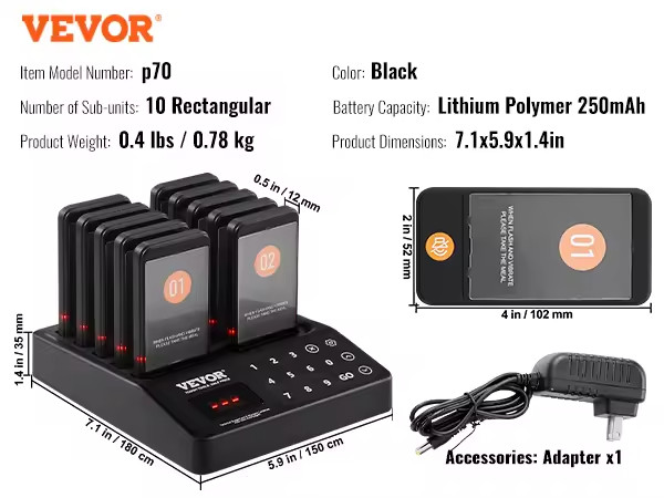 Restaurant Wireless Pager System 10 Beepers Guest Queuing Calling Touch Control