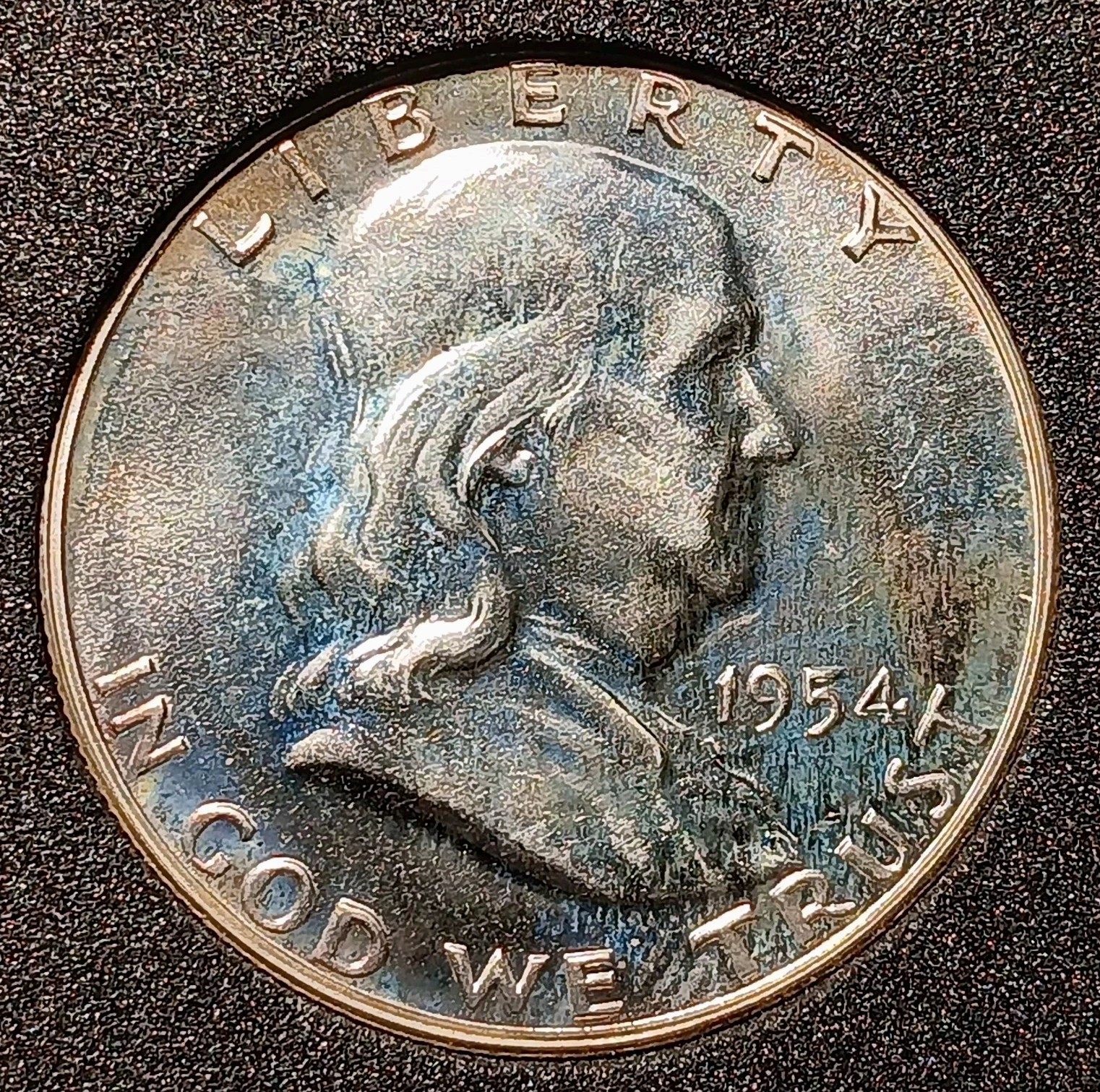 1954 Franklin Half Dollar Proof.  BEAUTIFUL RAINBOW TONING.
