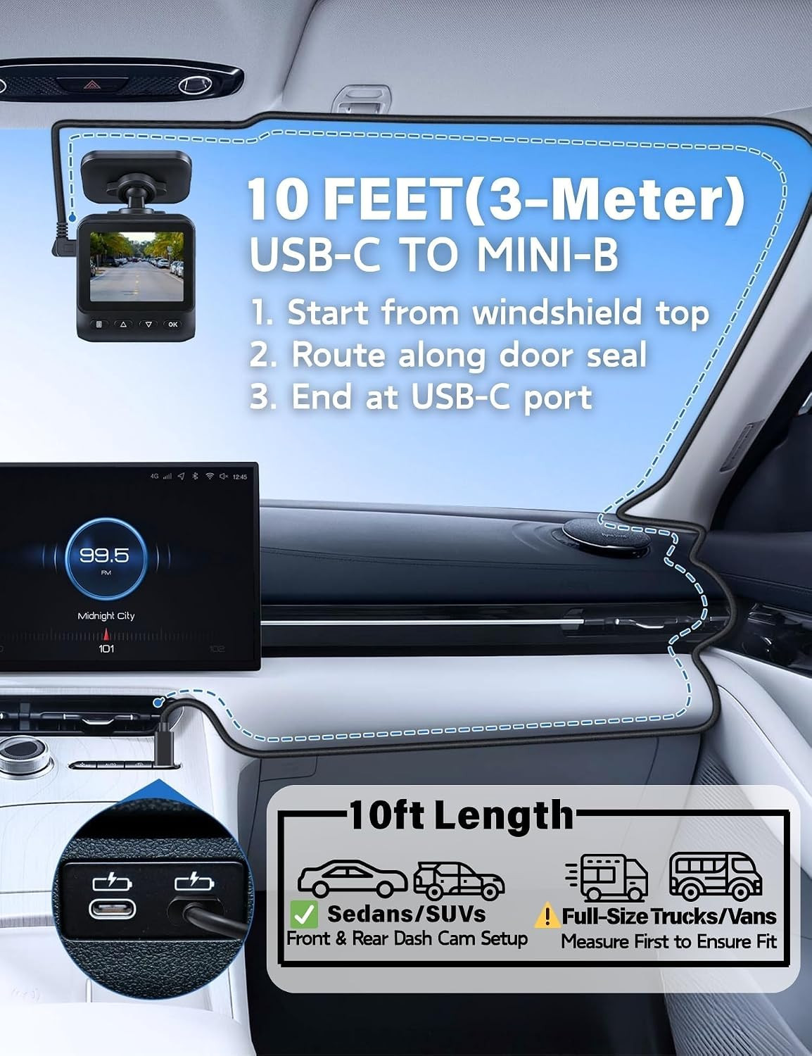 Mini USB Dash Cam Power Cord 10Ft, USB-C to Left Angle Mini-B Cable
