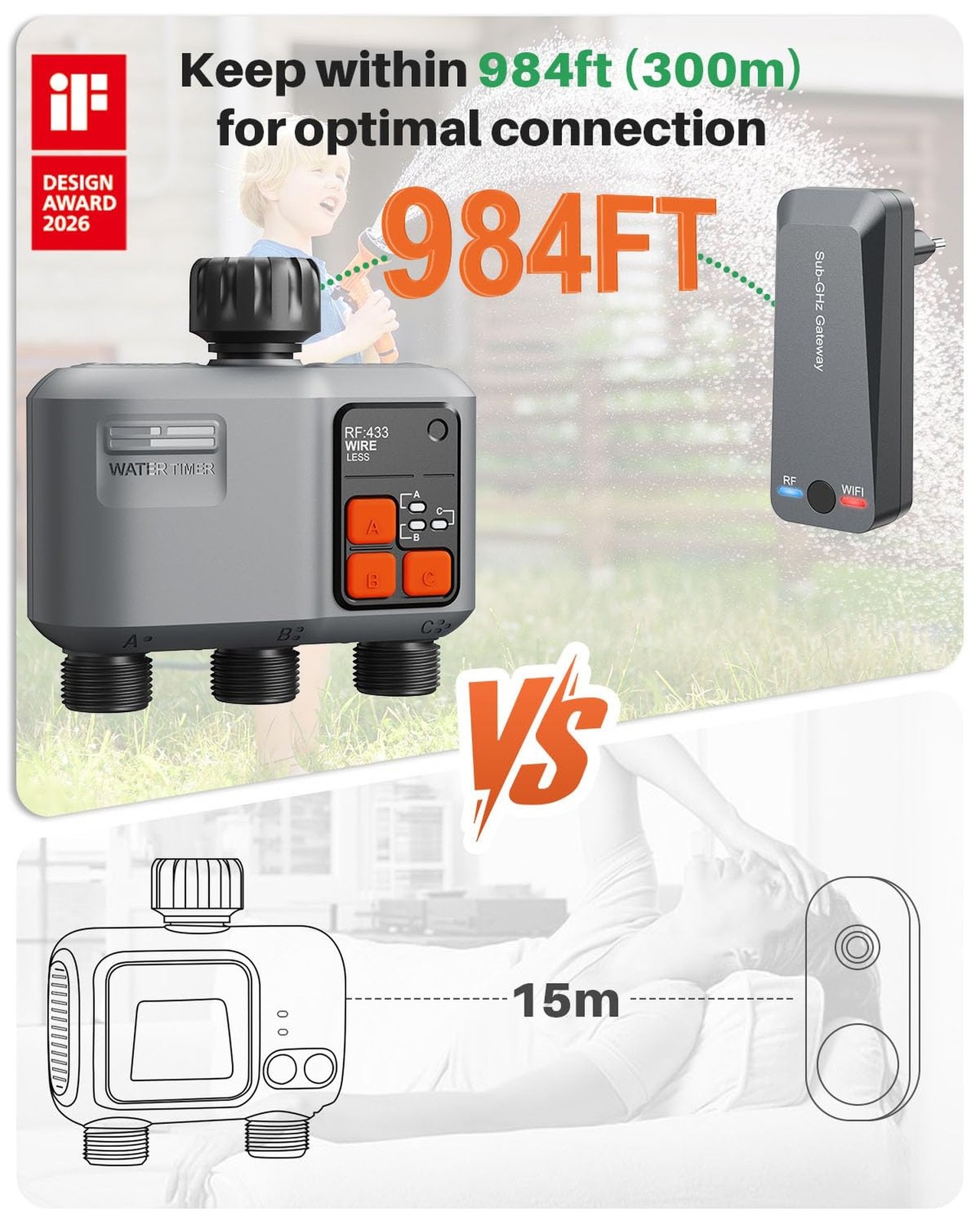 WiFi Sprinkler Timer 3 Zone with 984 FT Range, 3 Outlet Smart Water Timer for...
