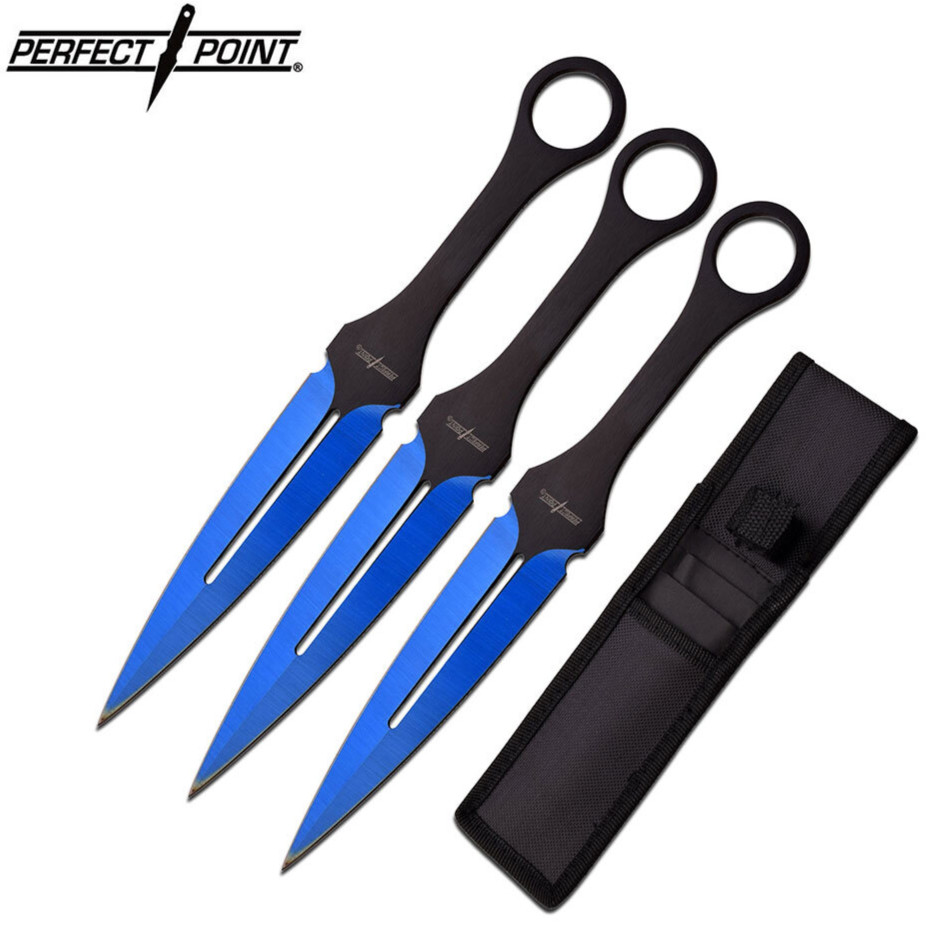 THROWING KNIFE SET Perfect Point 7" Blue Black 3-Piece Kunai Ninja PP-105BL