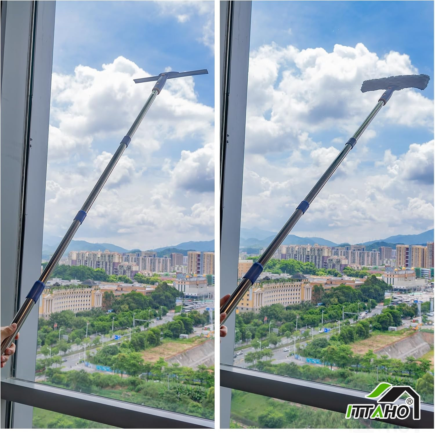 Window Squeegee with Extension Pole, Separate 12" Squeegee & 11" Microfiber Scru