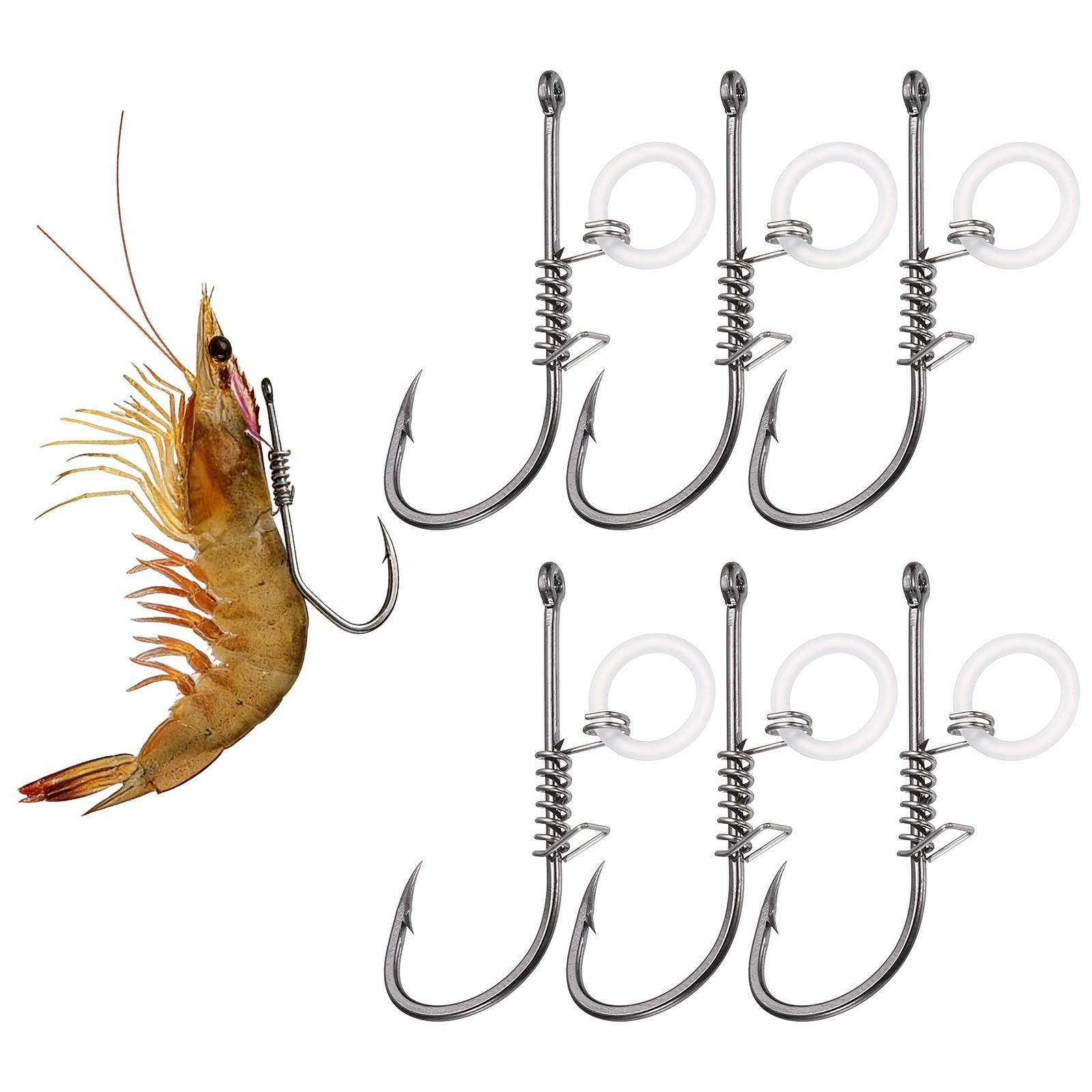 6Pcs 1/0# Shrimp Hooks, High Carbon Steel Fishing Hook, Silver