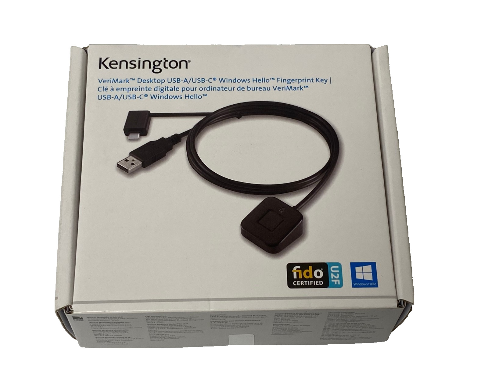 Kensington VeriMark Desktop Fingerprint Key USB-A USB-C Windows Hello K62330WWA