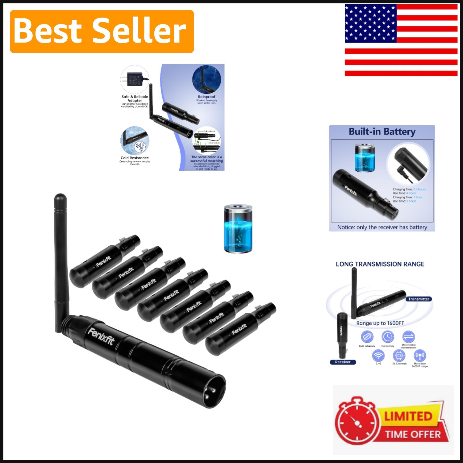 No Delay Wireless DMX Lighting Control: 1 Transmitter & 7 Receivers, Plug & Play