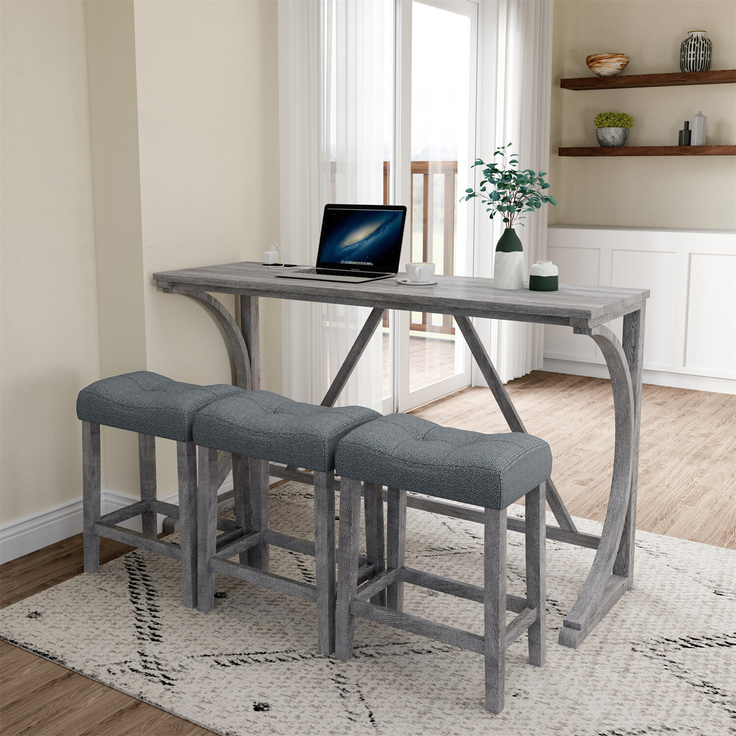 4 Piece Bar Table Set Counter Height Kitchen Dining Table with 3 Bar Stools US
