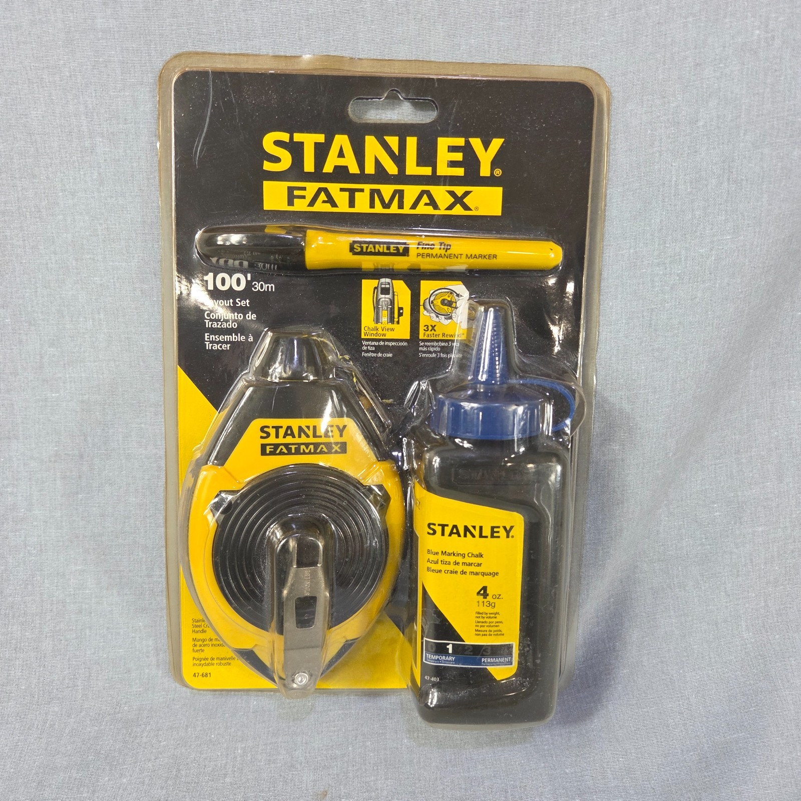 New Stanley FatMax 100' Layout Set: Chalk Reel, 4oz. Blue Chalk & Marker #47-681