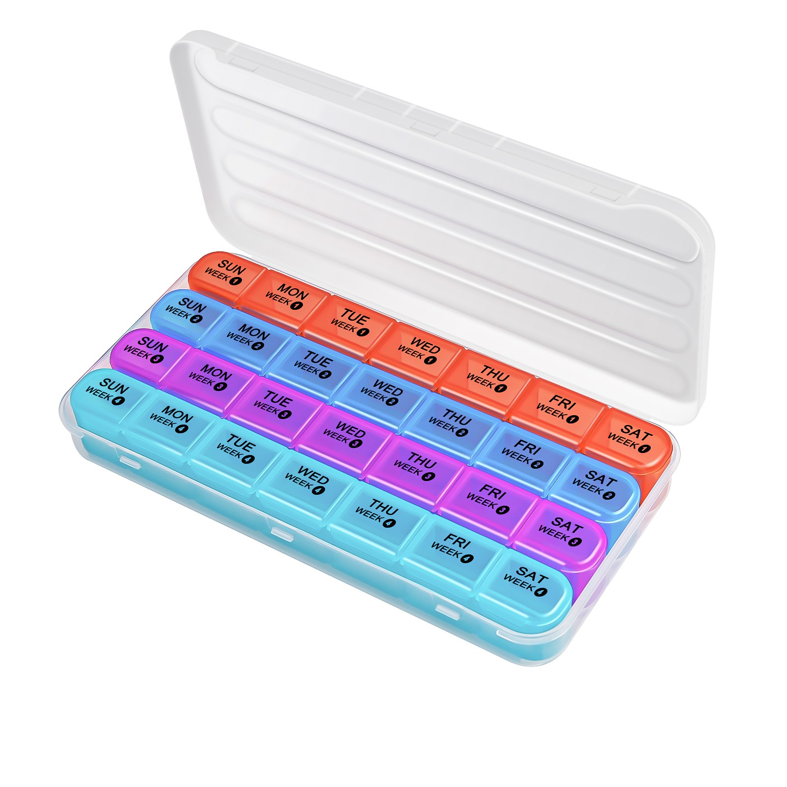 Once a Day 4-Week Pill Box Spill-Proof Silicone Seal 3D Labels Portable BPA-Free