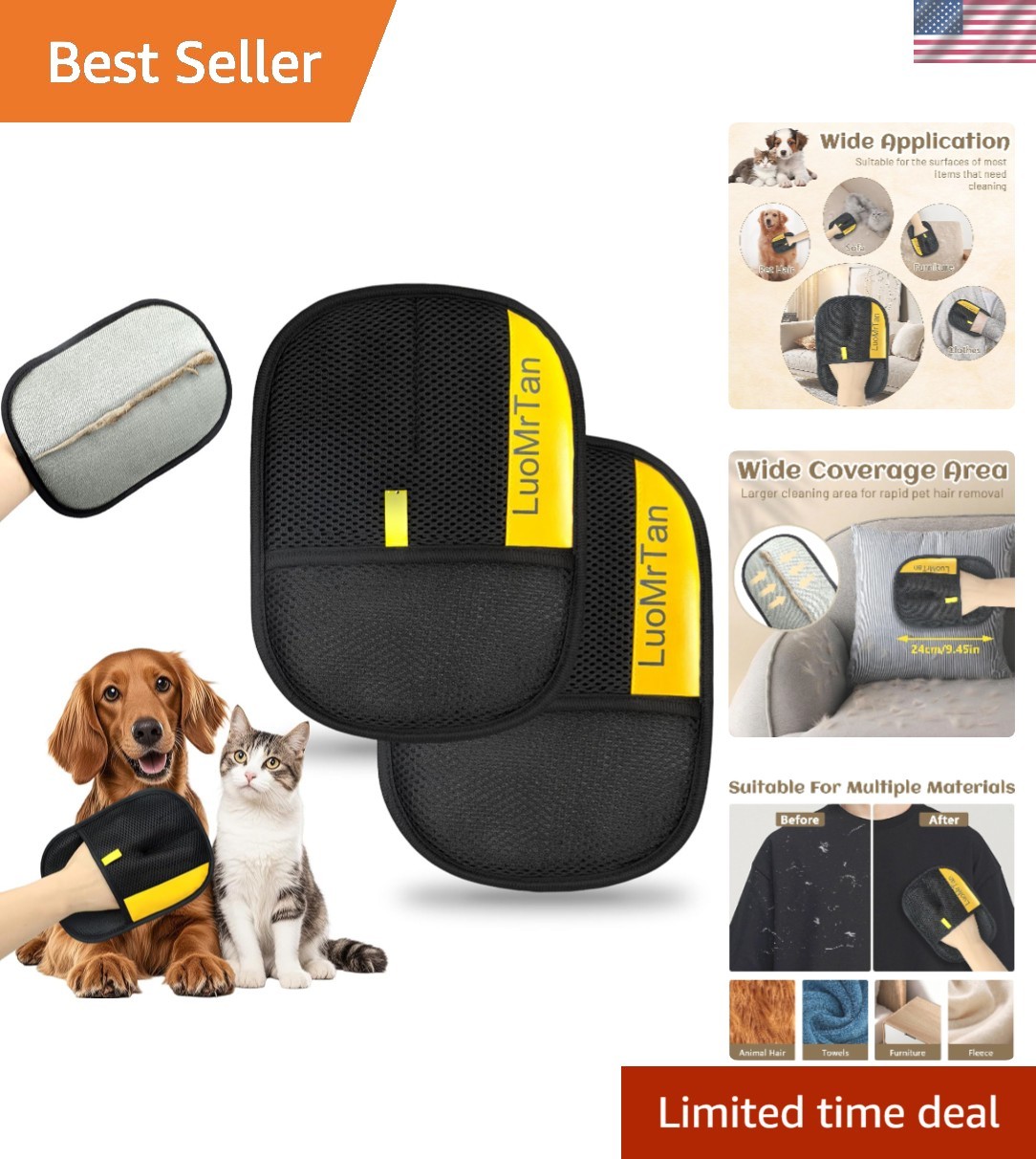 2 Pack Reusable Pet Hair Removal Gloves for Easy Grooming & Cleanup