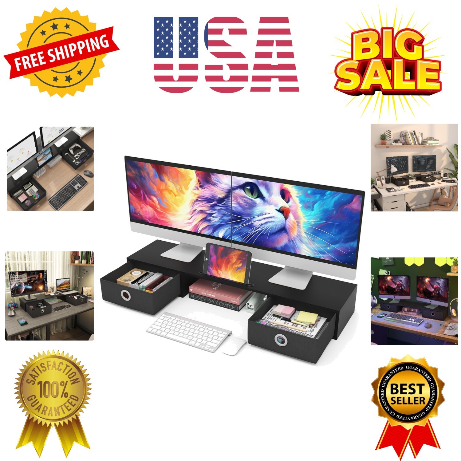 Dual Monitor Stand Riser with Two Drawers, Extra Large Storage Monitor Stand ...