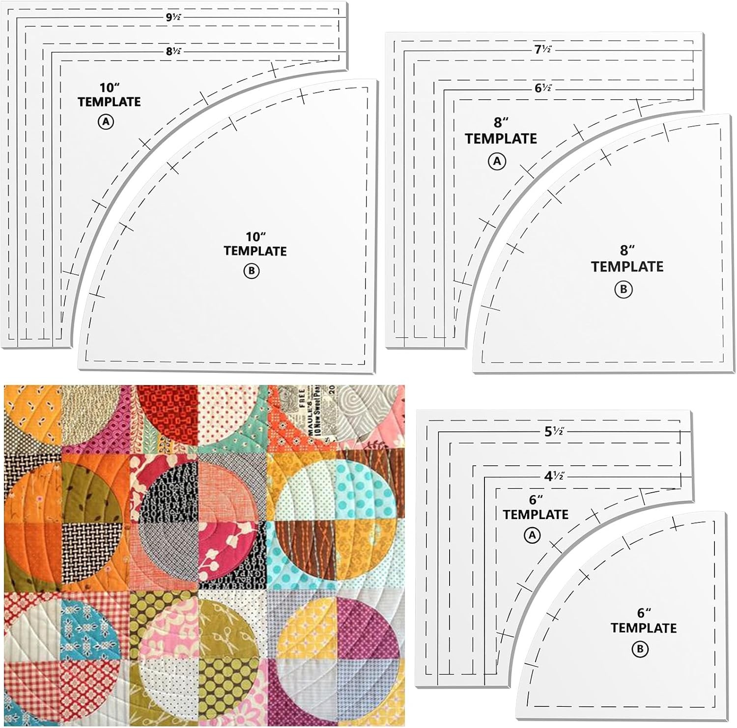 Kigley 3 Set Drunkards Path Quilting Templates Large 10, 8, 6 inch, Clear