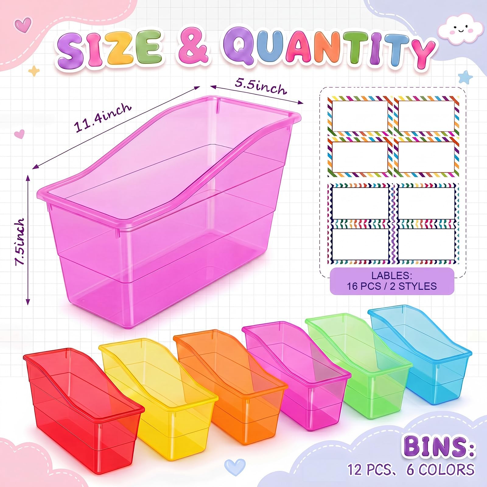 12 Set Book Bins for Classroom with Label Sticker Book Box Baskets Plastic St...