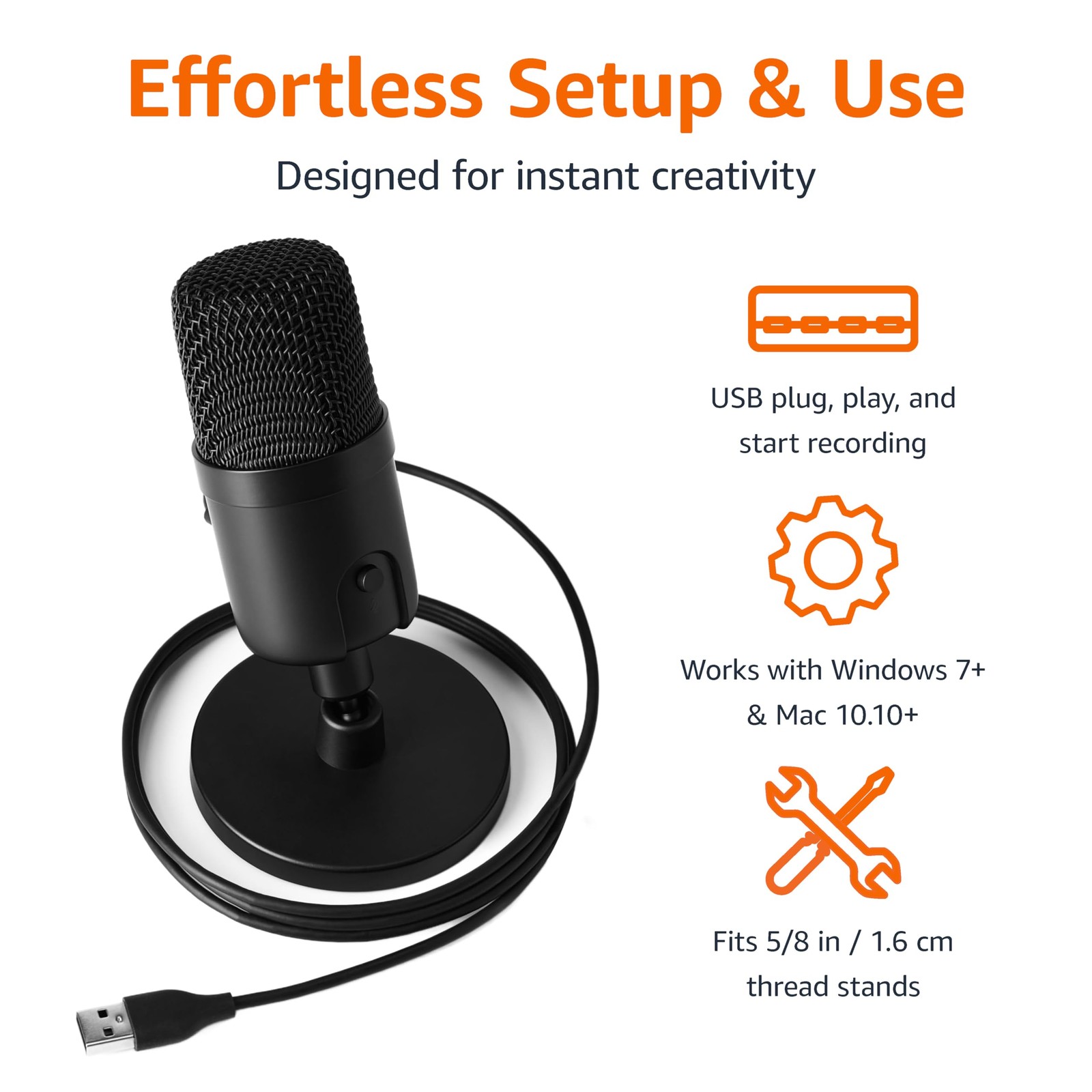 Amazon Basics USB Condenser Microphone for Streaming, 5.8 x 3.4 inches, Black