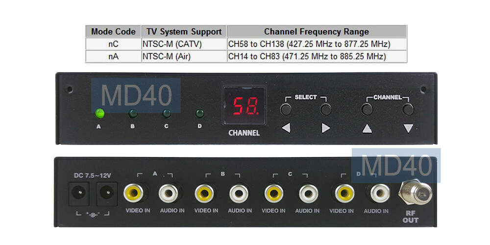 Professional 4-Input Composite Video To RF Coax TV Modulator - NTSC Version