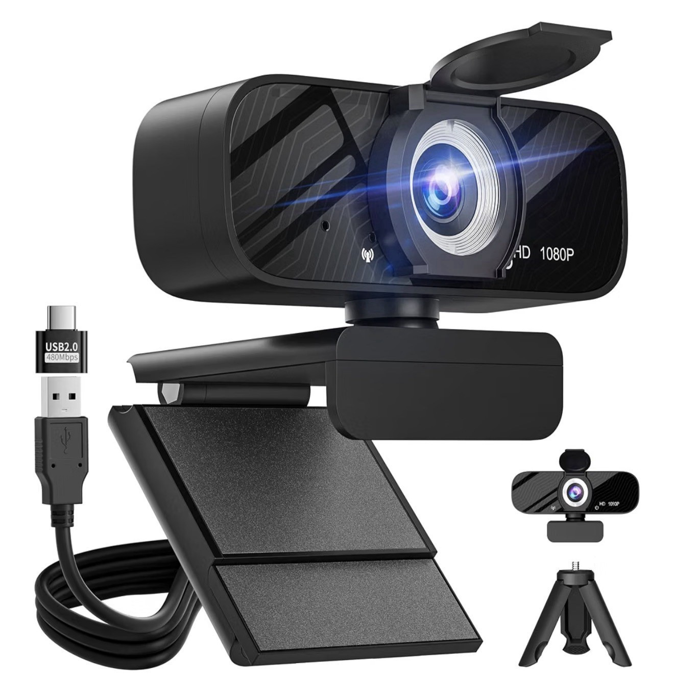 Full HD 1080P USB 2.0 Plug & Play Webcam w/ Privacy Cover, Black