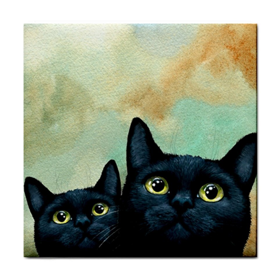 Square Ceramic Tile 4.25 inches Black Cat 607 watercolor art by L.Dumas