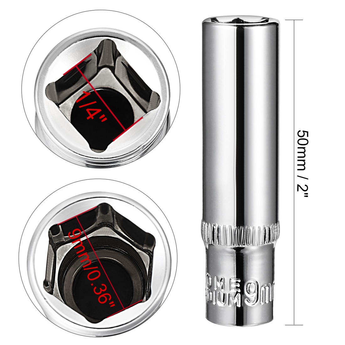 2Pcs 1/4 Inch Drive 9mm Cr-V 6-Point Deep Socket