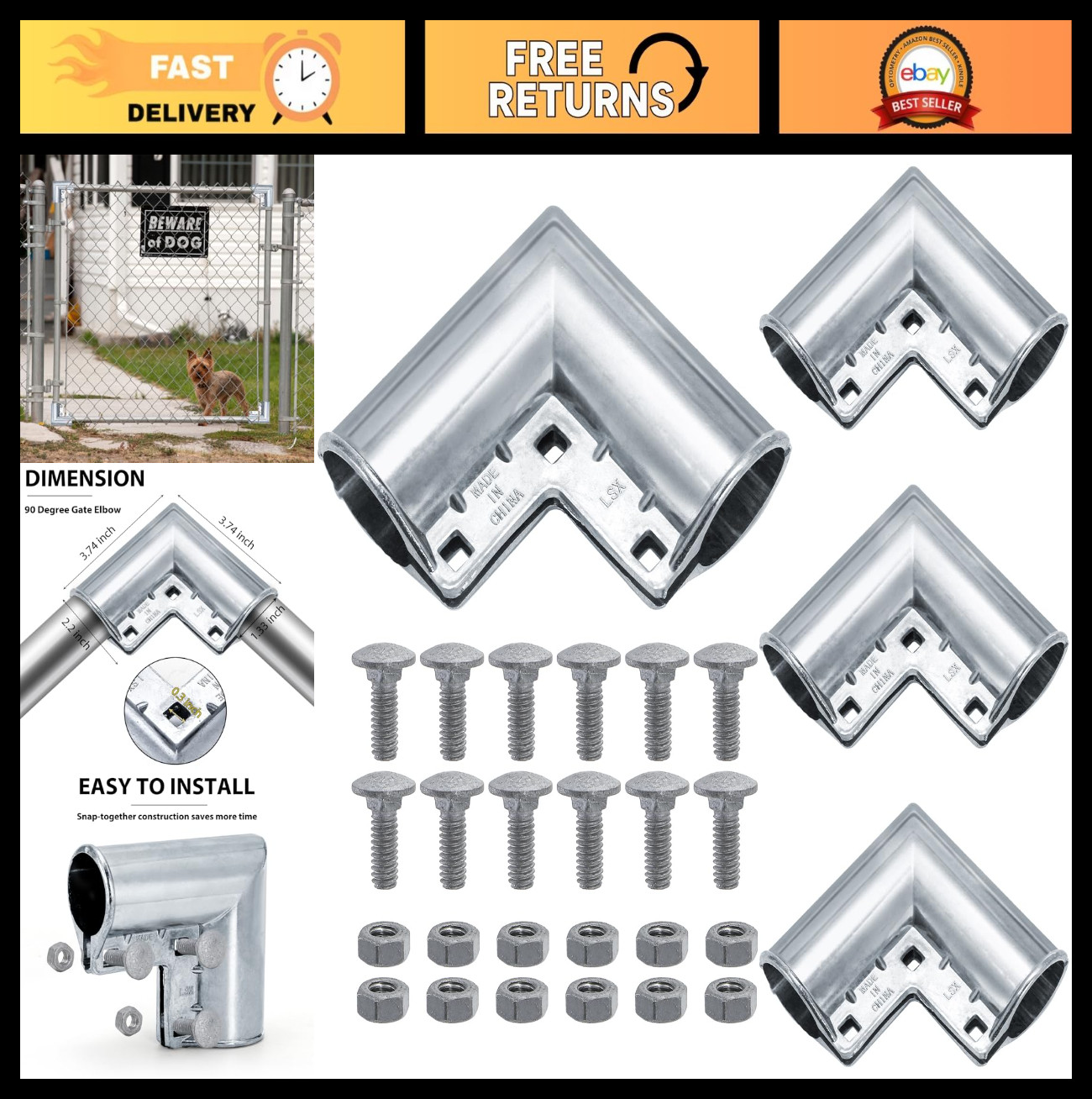 4 Pack Aluminum Gate Corners 1-3/8" - 90° Elbow Fitting with Bolts, Easy Install