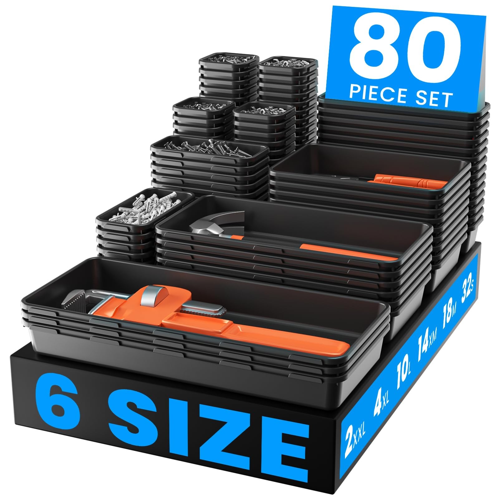 【𝟲𝗦𝗜𝗭𝗘 & 80PCS】A-LUGEI Tool Box Organizer【Fits 100+ 6 size, 80pcs Black