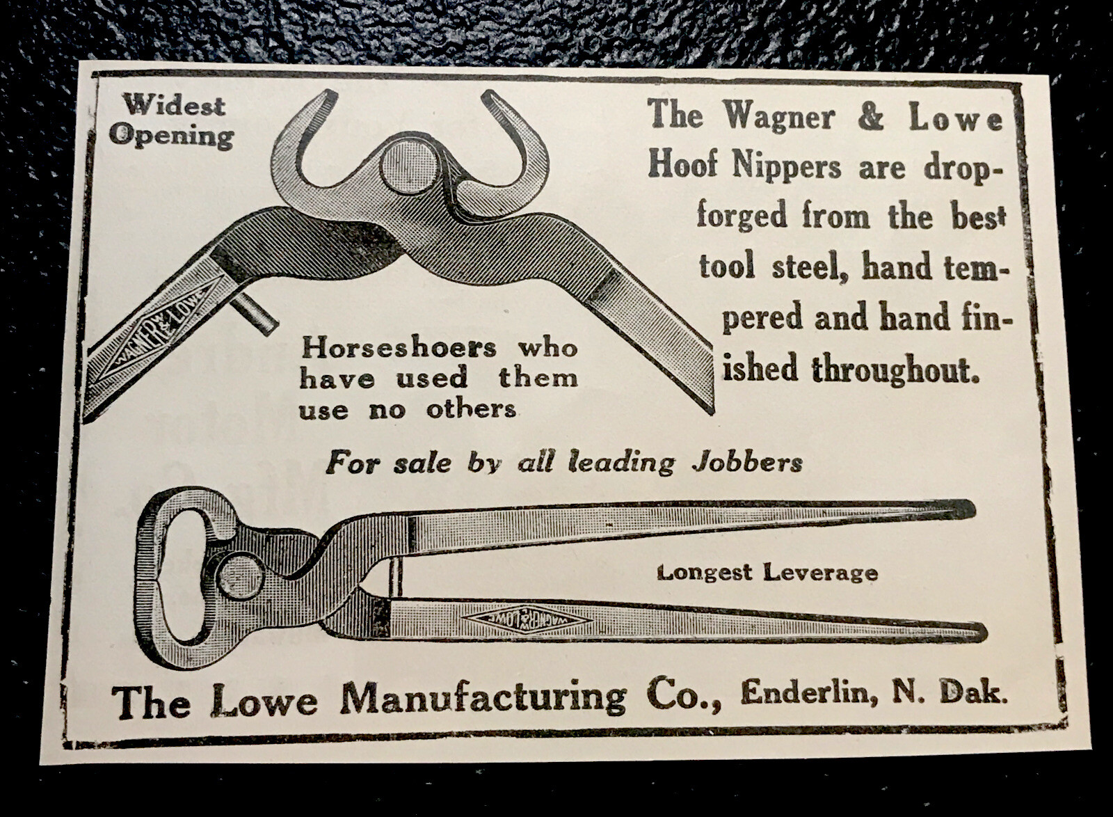 1919 Wagner & Lowe Hood Nippers Blacksmith Advertising - Enderlin - North Dakota