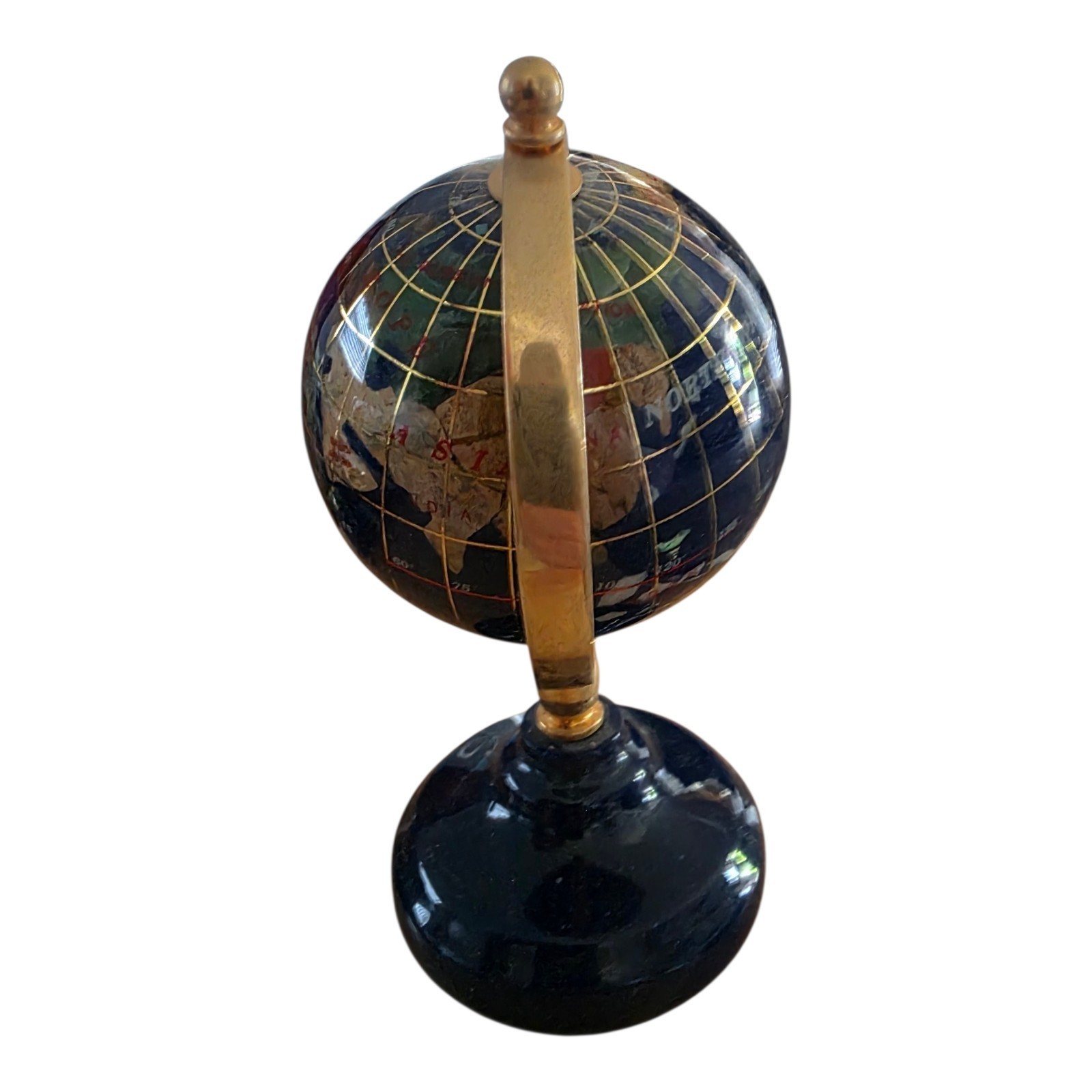 Blue Lapis Semi-Precious Gemstone Tabletop Globe Gold Stand 5.5"