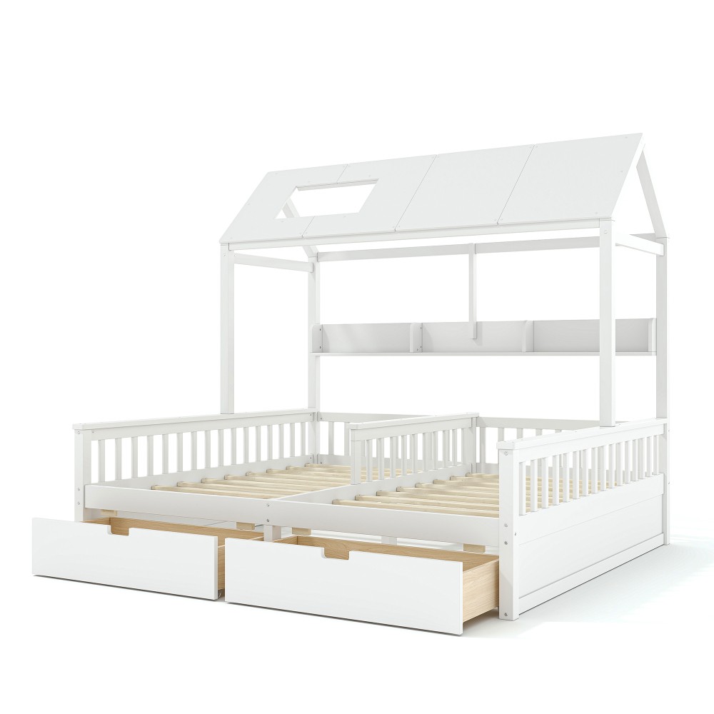 White Double Twin Platform Bed w/ Storage Shelves & Drawers