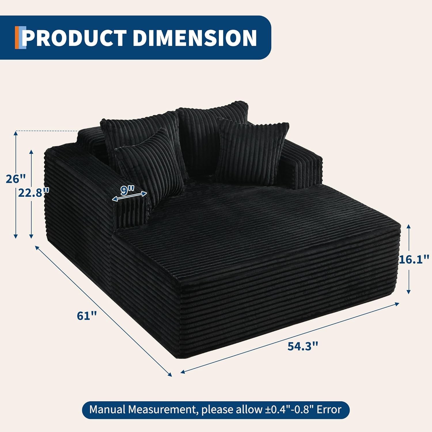 Oversized Corduroy Chaise Lounge, Deep Seat Sofa w/Pillows, No Assembly
