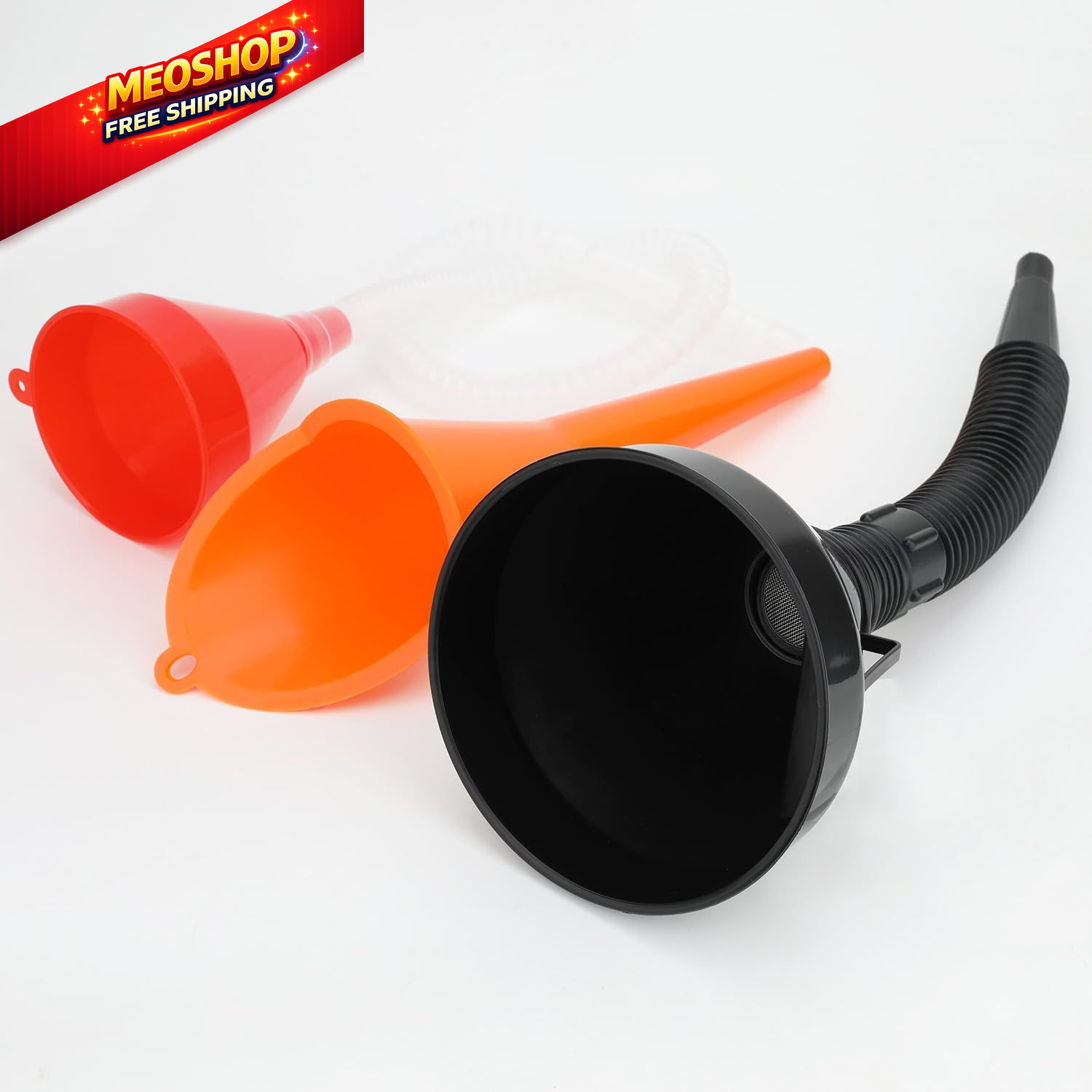 3 Pack Automotive Oil Funnel Set, Wide Mouth Fuel Funnels Black, Orange, Red