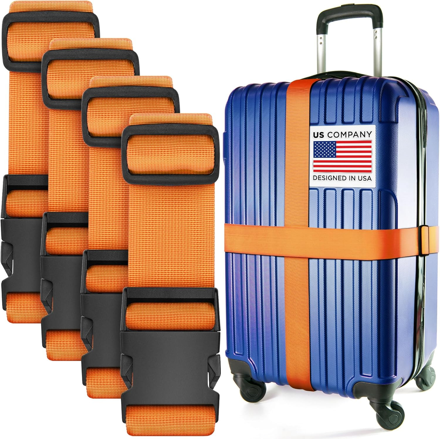 Luggage Straps for Suitcases - TSA Approved - Orange, 4 PK - Premium Nylon Belts