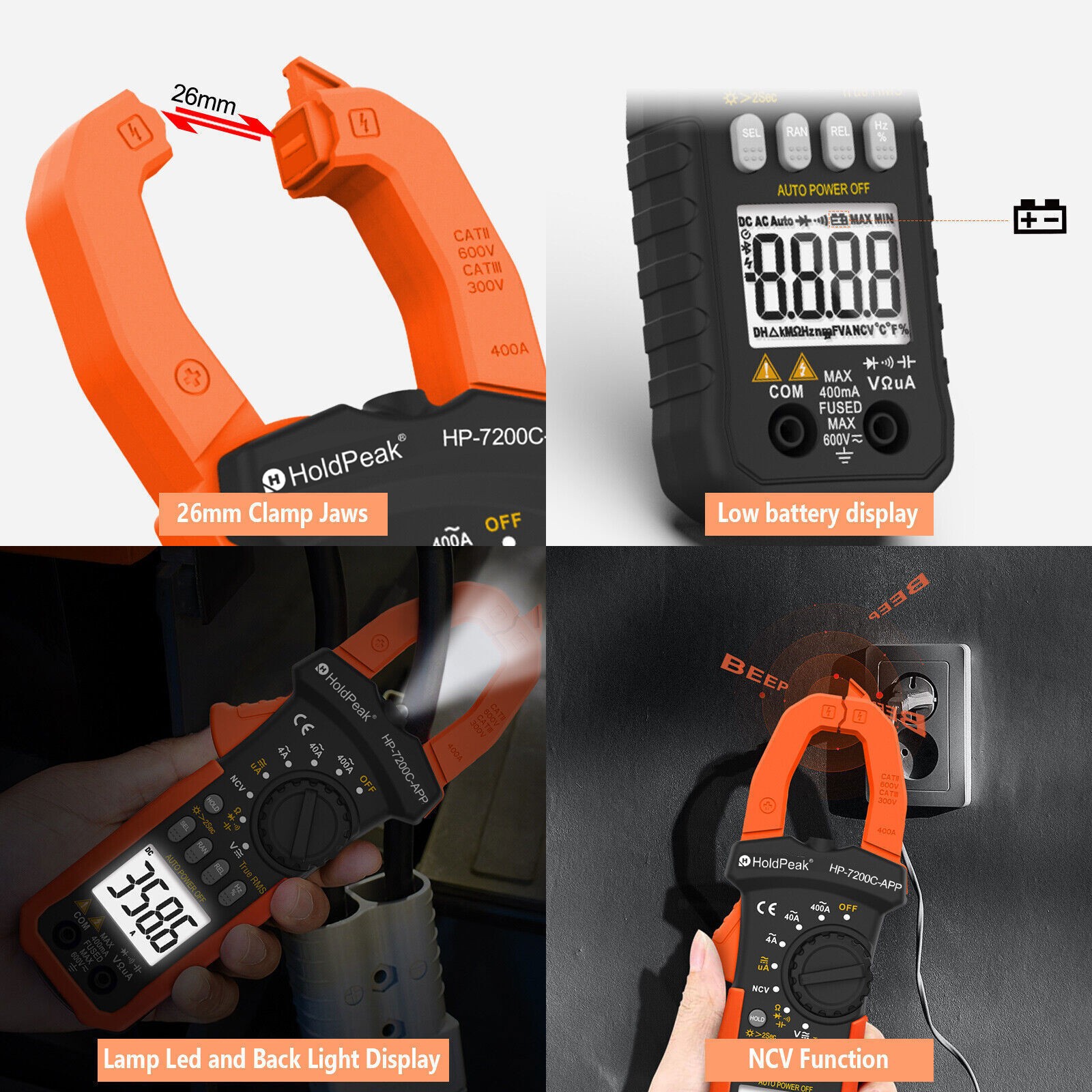 Digital TRMS Clamp Meter 600V AC/DC 400A 40MΩ 26mm 4000C Data Hold Backlight