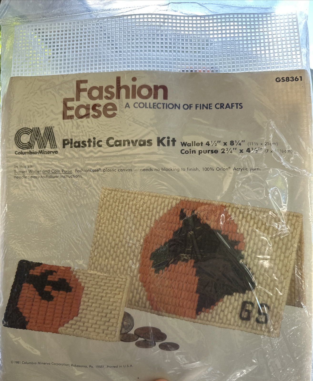 Vintage 80s Plastic Canvas Needlepoint Kit For Sunset Wallet & Coin Purse