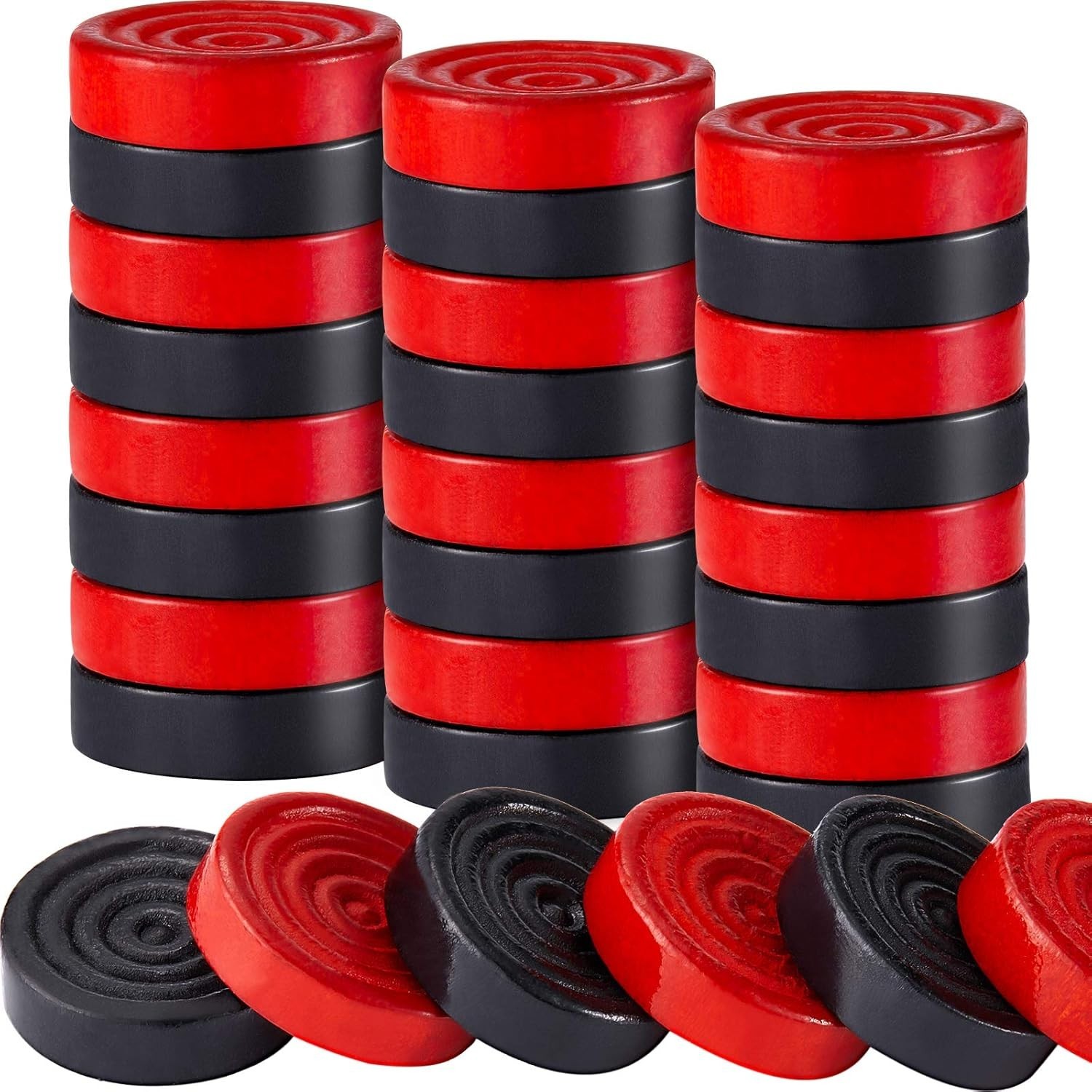 24 Wooden Checkers Pieces 1.06 Inch in Drawstring Storage Pouch, Red and Black