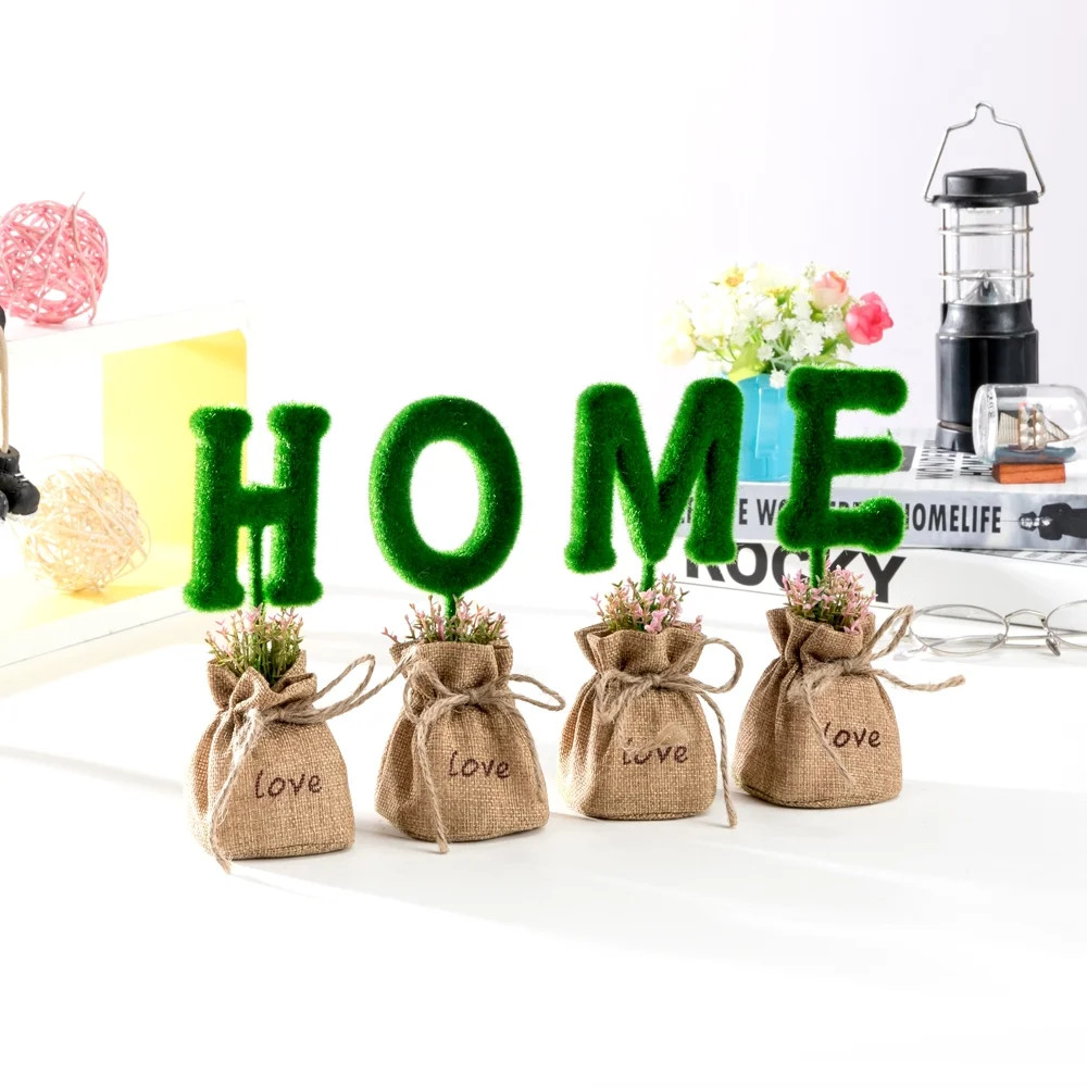 K-Cliffs 4pcs Artificial Plant Letters 7" "HOME" Potted in Jute Sack