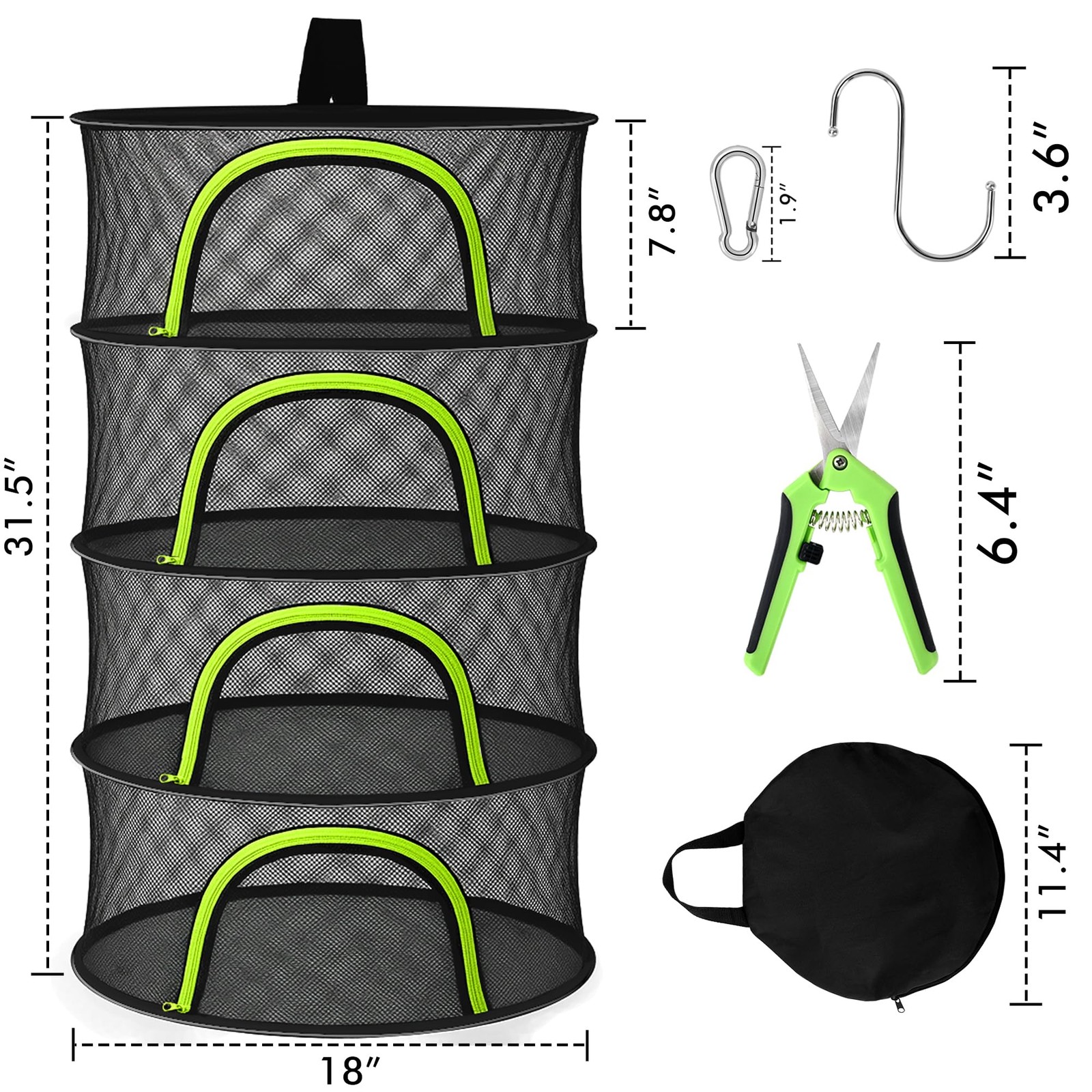 Herb Drying Rack Hanging Mesh 4 Layer 18" with Zipper, Garden Pruning Shear, ...