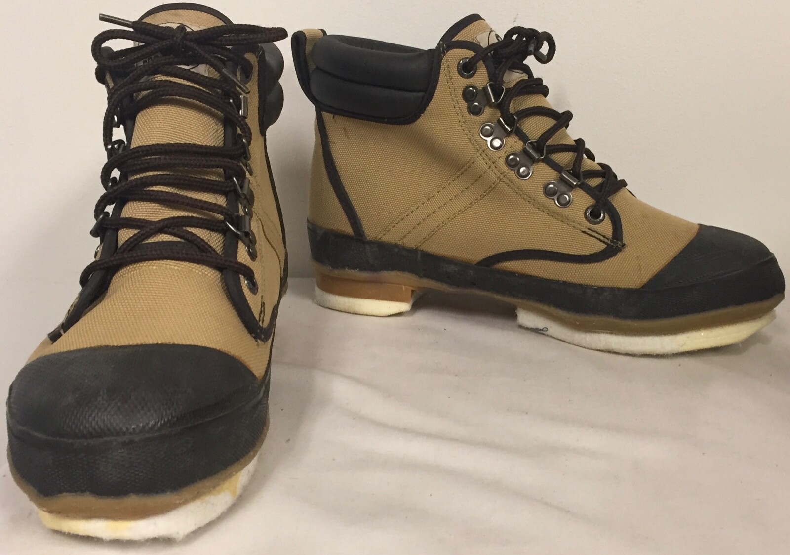 PRO LINE MEN'S W295D TAN KHAKI W BROWN TRIM NYLON WADING BOOTS W FELT OUTSOLE 8