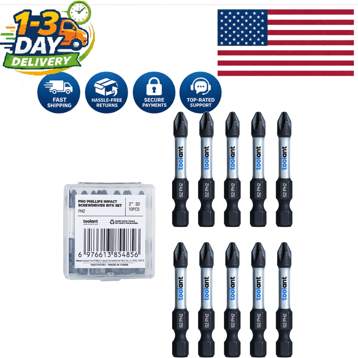 10-Pack Toolant 2-Inch Magnetic Anti-Slip Phillips Impact Bits - Rust-Resistant