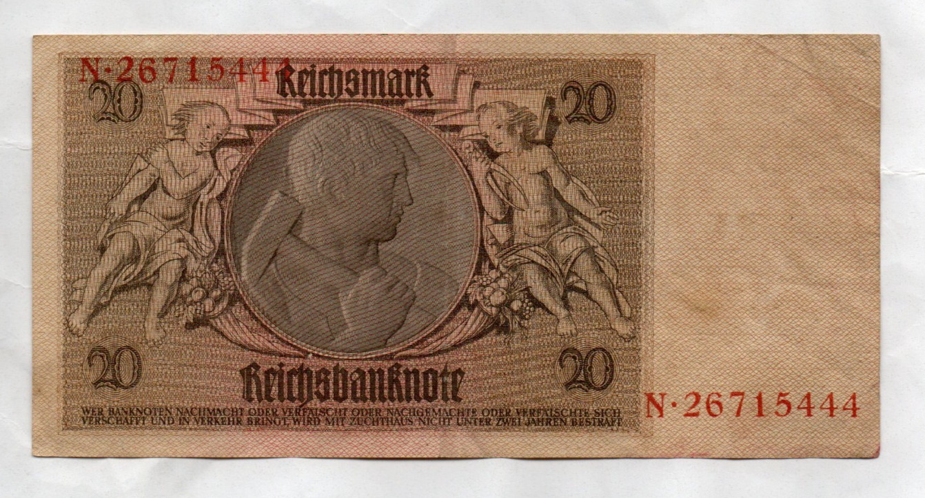 Genuine 20 Mark German weimar banknote 1929 fine con rarer underprint D !!!