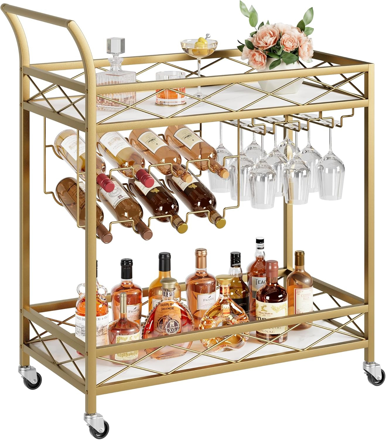 Gold Bar Carts with 2-Tiers Storage Shelves，Mobile Kitchen Seving Carts on Wheel