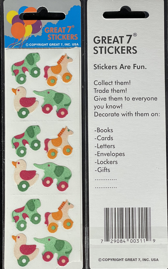 12 packages of Fuzzy Toy Animal Stickers, "Great 7" Sticker Design, PFZ6103