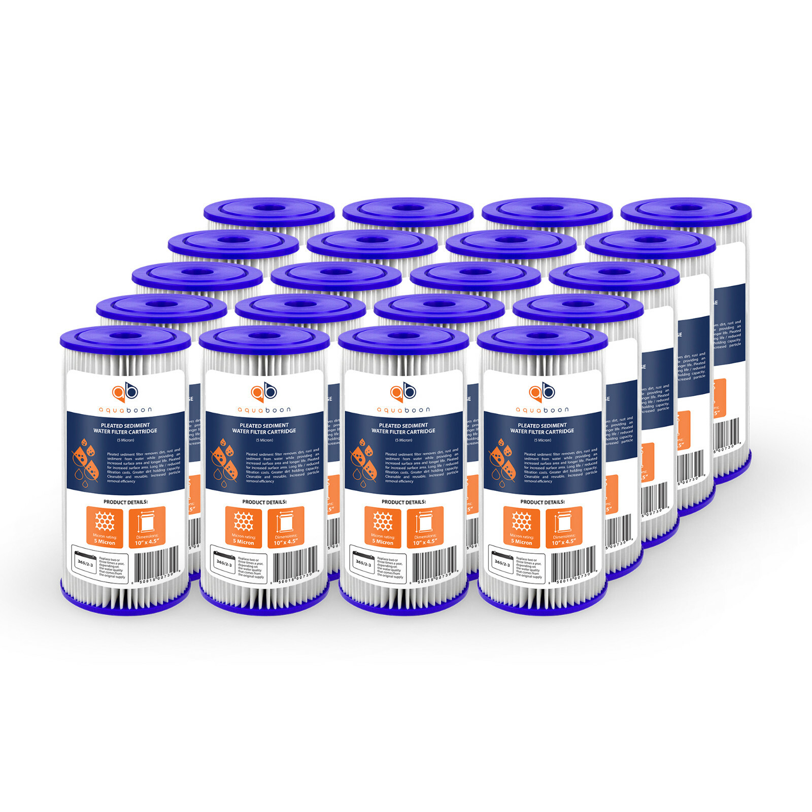 20PK of Big Blue 5µm Pleated Washable Sediment Water Filter 10"x4.5" by Aquaboon