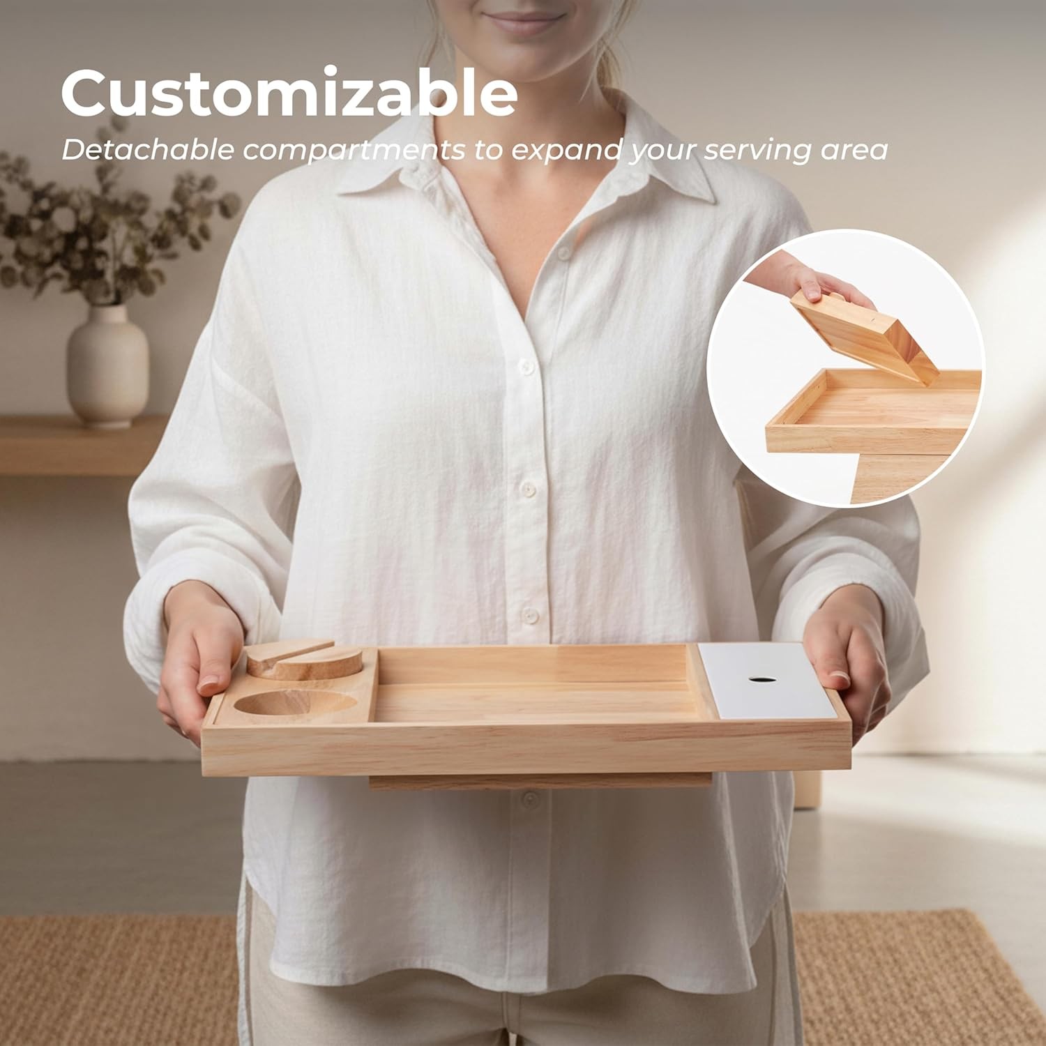 Couch Arm Tray – Rubberwood Sofa Armrest Table W/ Extra Storage Compartment